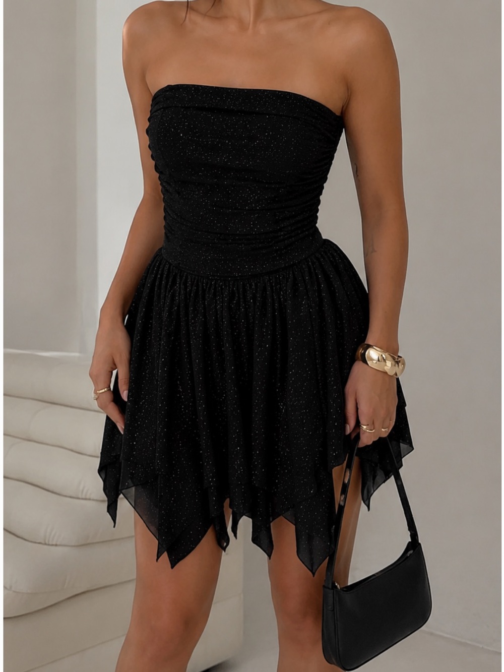 Madden Girl Black Sparkle Strapless Handkerchief-Hem Dress